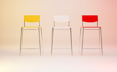 three pub chairs on a multicolored background. Height bar chairs. 3d render.