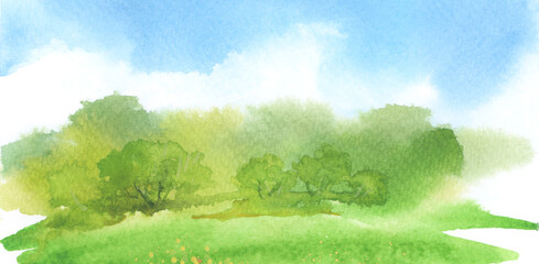 Summer landscape . Abstract watercolor and acrylic flow blot smear painting. Color canvas texture horizontal background.