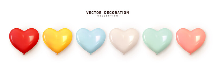 Set of helium balloons. Collection of realistic ballons of heart shapes, different colors, matte and glossy shades. Festive colorful decorative 3d render object. Celebration decor. vector illustration