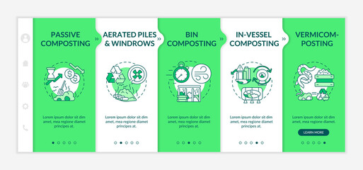 Fototapeta na wymiar Decomposition methods onboarding vector template. Bin, in-vessel, passive composting. Vermicomposting. Responsive mobile website with icons. Webpage walkthrough step screens. RGB color concept