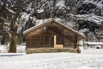 Lauterbrunnen village in the Interlaken Oberhasli district in the canton of Bern in Switzerland. Lauterbrunnen Valley in winter.