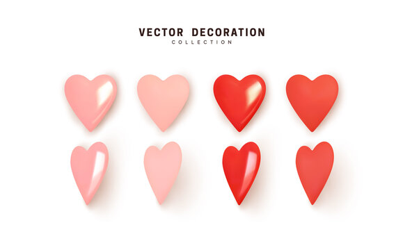 Set of hearts. Collection Realistic Hearts Love symbol icon. Red and pink soft color, glossy and matte. Decorative 3d render object. Celebration decor. Element for romantic design. Vector illustration