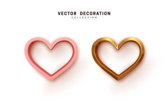 Set of hearts Metallic pink and gold color. Collection Realistic Hearts Love symbol icon. Decorative 3d render object. Celebration decor. Element for romantic design. Vector illustration