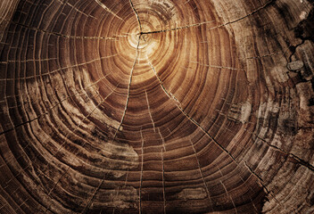 Oak Stump of tree felled - section of the trunk with annual rings. Slice Oak wood. A very old saw...