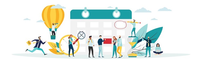 Planning for the week. human characters make up an online timetable on a tablet. design of business task schedules. Business concept. The calendar. Vector.