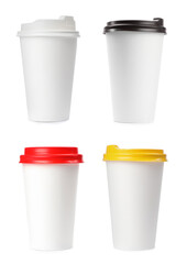Set with different paper coffee cups on white background