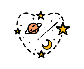 A vector sticker of stars, moon, and the planet surrounded by the heart shape.