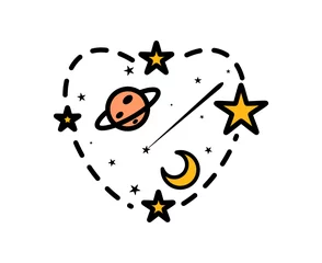 Fotobehang A vector sticker of stars, moon, and the planet surrounded by the heart shape. © Parbat