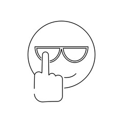 Sketch of the clenched fist with lifted by a middle finger. Fuck you. Fuck off. Design for mobile and web applications, social networks. Textile print background. Line cool emoji with sunglasses