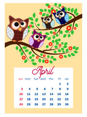 Calendar 2022. Cute calendar with funny cartoon owls