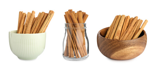 Set with aromatic cinnamon sticks on white background, banner design
