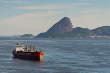 Tanker Ship in Guanabara Bay With Sugarloaf Mountain in the Horizon, in Rio de Janeiro, Brazil