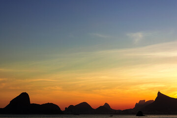 Beautiful Rio de Janeiro Mountain Silhouette View With Sunset Sky