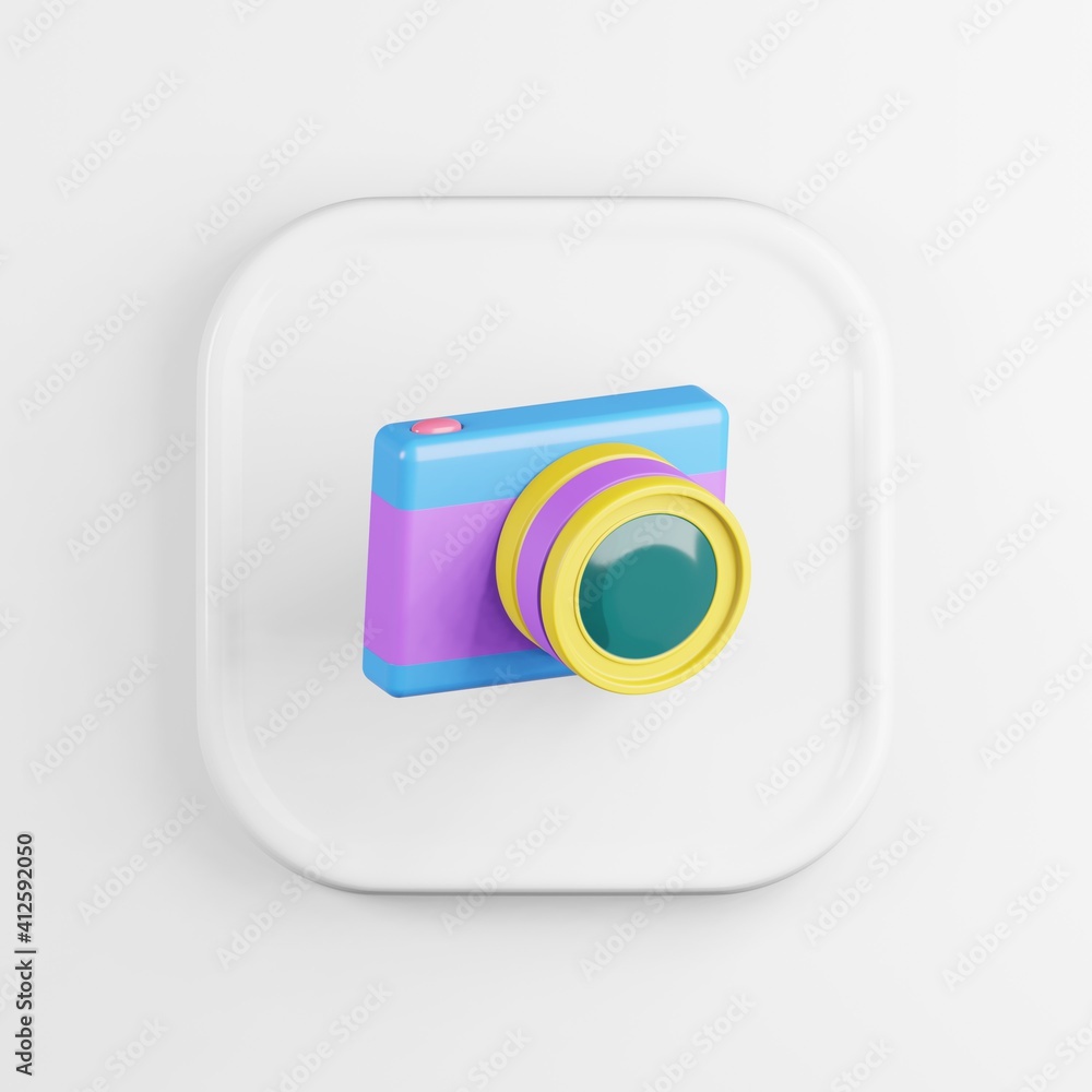 Poster multicolored digital photo camera icon. 3d rendering white square button key, interface ui ux elemen