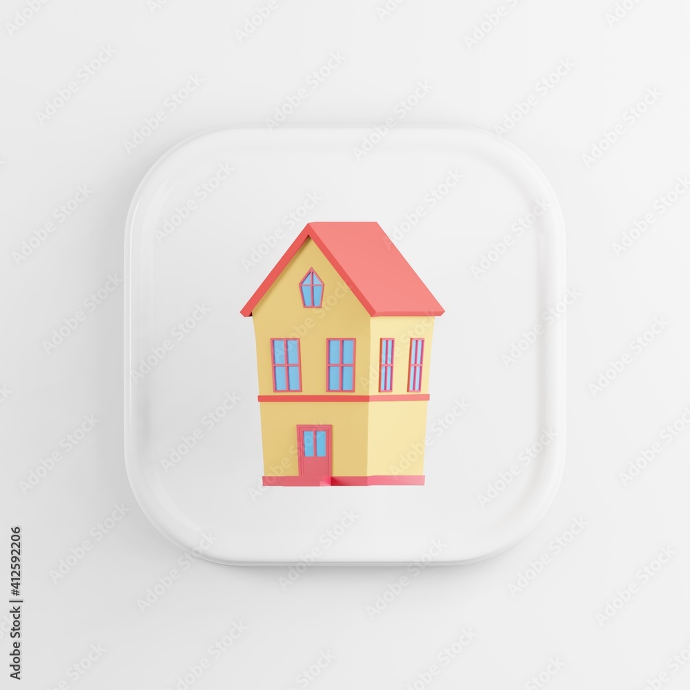 Poster icon of a two-story yellow house with a red roof. 3d rendering white square key button, interface ui