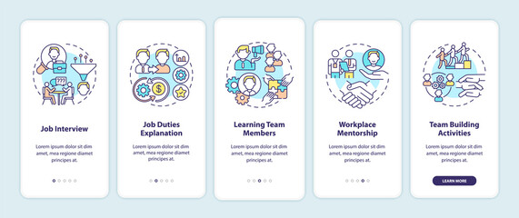 Worker adaptation stages onboarding mobile app page screen with concepts. Recruitment. Knowledge with company walkthrough 5 steps graphic instructions. UI vector template with RGB color illustrations