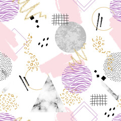 Abstract contemporary seamless pattern with marble stones, doodle textures, geometric shapes, plants, dots and watercolor elements. Trendy modern background for postcards, brochure cover, fashion