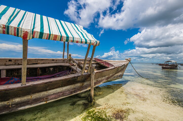 tipical boat in wood of Zanzibar in Ocean Pacific with low tide.  Africa - Tanzania - Zanzibar. Holidays in Africa. Life Free and see the world