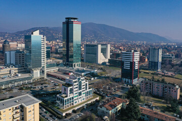 Naklejka premium Brescia Due - Italy view by Drone. Skyline business quarter in Italy, the future is here. Modern styling in the city, office work. Wallpaper for your house
