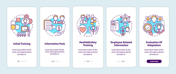 Employee adaptation program elements onboarding mobile app page screen with concepts. Teamwork. Work process walkthrough 5 steps graphic instructions. UI vector template with RGB color illustrations