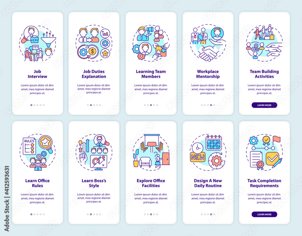 Poster team building activities onboarding mobile app page screen with concepts set. task requirements walk
