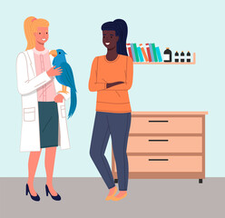 Veterinary care. Veterinarian wooman meet girl with parrot in the medical office. African american girl brought a bird for treatment to a doctor. Visit to the vet clinic to check the health of pet