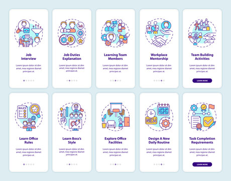 Team building activities onboarding mobile app page screen with concepts set. Task requirements walkthrough ten steps graphic instructions. UI vector template with RGB color illustrations