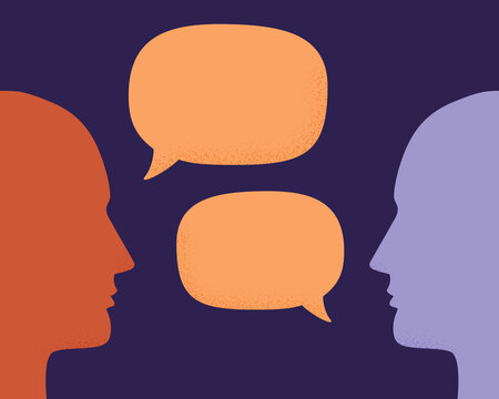 Vector illustration of two human heads silhouette talking through speech bubbles. Concept of communication, dialogue, chat, conversation, meeting, arguing, listening.