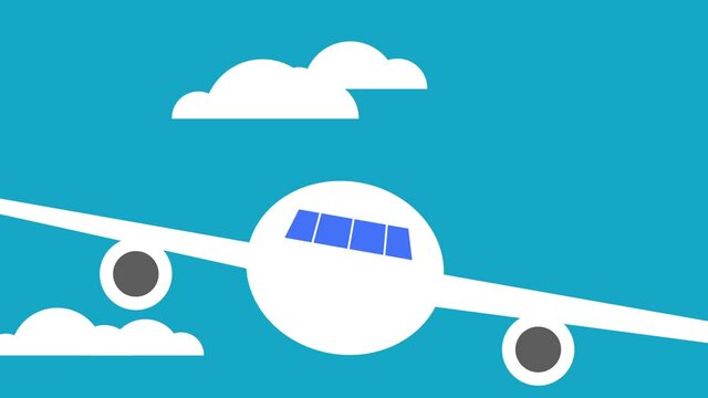 Large white airplane with two turbines in flight. Object appears from above. Airplane flies towards the observer. Frontal view. White clouds move horizontally at different speeds. 2D flat animation.