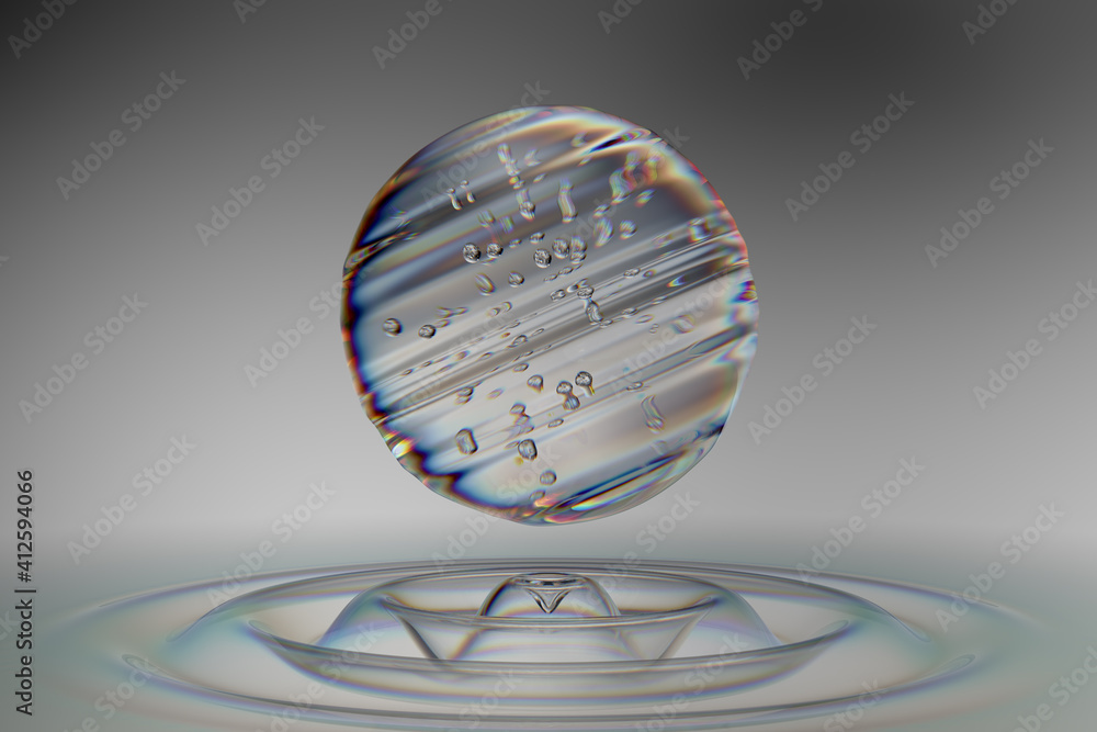 Poster refractive 3d sphere above transparent waves and grey background. clean and fresh concept 3d render.