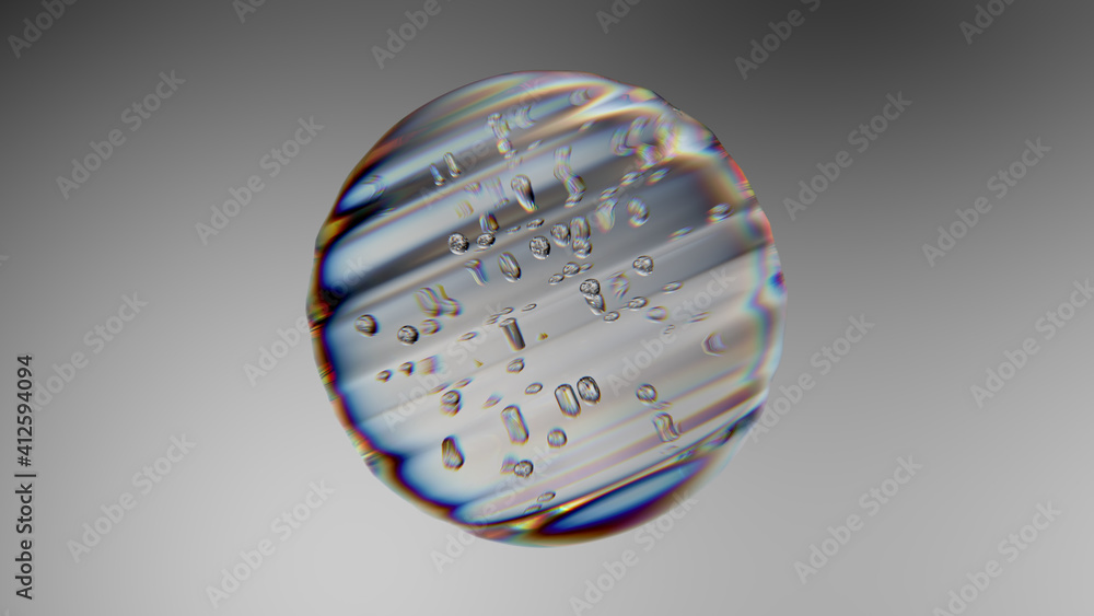 Poster 3d render of crystal bubble with small bubbles in. deformed transparent refractive sphere.