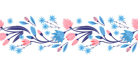 Seamless pattern of tulip, rose, aster, and other colorful flowers. Hand drawn illustration in doodle style. Isolated in white background for fabric, wallpaper and another print design.