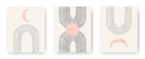 Vector set with trendy set of printable cards with boho mid century stone and marble textured shapes of moon, planets and lines. Abstract contemporary aesthetic backgrounds with geometric elements