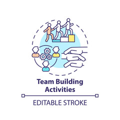 Team building activities concept icon. Worker adaptation stages. Teamwork, collaboration idea thin line illustration. Communication skills. Vector isolated outline RGB color drawing. Editable stroke