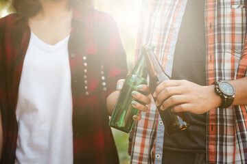 Friends party with beer, alcohol and fun young people at the bar.soft focus