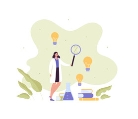 Genetic medical discovery concept. Vector flat character illustration. Dna helix biotechnology and idea lightbulb symbol. Female doctor with magnifier glass. Woman scientist and lab equipment and book
