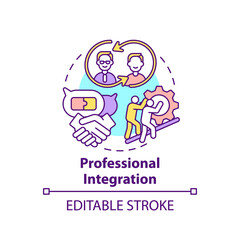 Professional integration concept icon. Worker adaptation elements. Process of integrating idea thin line illustration. Work environment. Vector isolated outline RGB color drawing. Editable stroke