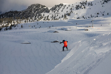 Freeride in fresh powder snow in alps. Drop on fresh powder Swiss alps in Jungfrauregion Switzerland