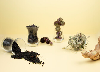 Immunity booster concept. Dried berries and herbs for enhanced health. Turmeric, elderberry,...
