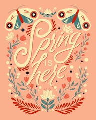 Colorful decorative handwritten typography design with animals and flower decoration. Spring hand lettering illustration design. Spring motifs in folk art style. Colorful flat vector illustration.