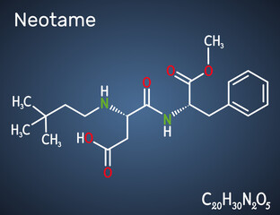 Neotame, sweetening agent, E961 molecule. It is dipeptide, artificial sweetener, aspartame analog. Structural chemical formula on the dark blue background
