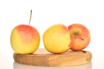 Three ripe organic, juicy, fragrant apples on a round bamboo tray, close-up, on a white background.