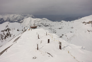 View of the Swiss mountains in winter. Schilthorn Piz gloria summit. Swiss alps in Switzerland...