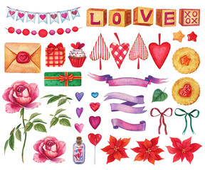 Romantic watercolor set Valentines wedding love decoration element