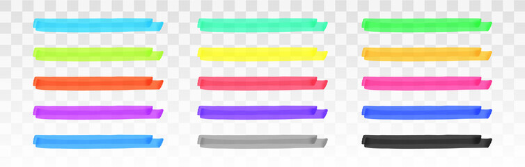 Color highlighter lines set isolated on transparent background. Red, yellow, pink, green, blue, purple, gray, black marker pen highlight underline strokes. Vector hand drawn graphic stylish element - obrazy, fototapety, plakaty