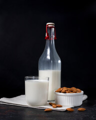 glass and bottle of vegetarian almond milk on dark background