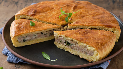 Pie with meat and herbs. Tasty dinner.