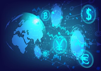 World money with financial communications.World wide web electronic cryptocurrency and modern technology.Online banking,Vector modern technology and financial communications concept.