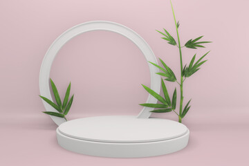 Tropical pink design Podium minimal geometric and bamboo japanese decoration .3D rendering