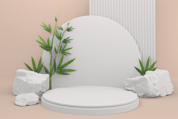 Tropical pink design Podium minimal geometric and bamboo japanese decoration .3D rendering